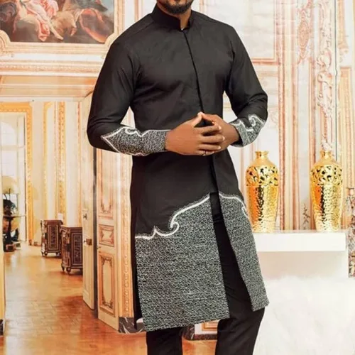 Vista 2 de Conjunto de 2 piezas de traje tradicional de manga larga para hombre africano y pantalón