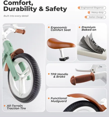 Vista 5 de Bicicleta de equilibrio 6 en 1 para niños pequeños con mango de empuje y Verde