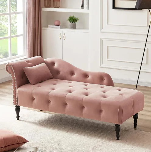 Vista 9 de Tumbona moderna de terciopelo de 60.6 pulgadas para interiores, silla de salón tapizada con cabeza de clavo recortada y patas de madera maciza, sofá