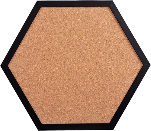 Vista 8 de Tablón de anuncios de corcho para paredes, tablero hexagonal de 1/2 pulgada de grosor para paredes con marco, corchete pequeño negro con 10 pines