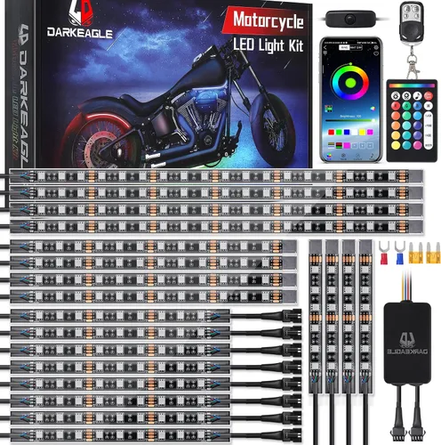 Vista 11 de 8 kits de luces LED RGB segmentadas para motocicleta con control remoto APP/RF, luces subterráneas multicolor con señal de giro de freno, tira