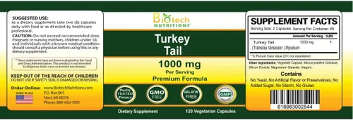 Vista 3 de Seta de cola de pavo sin OMG, 1000 mgper que sirve 120 cápsulas vegetales