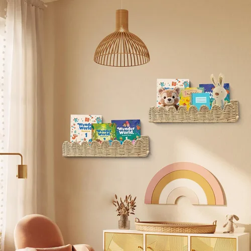Vista 7 de Estantes para libros de guardería, 2 piezas de ratán natural artesanal festoneado, 15.8 x 4 Estantes de pared, para libros, juguetes, marcos