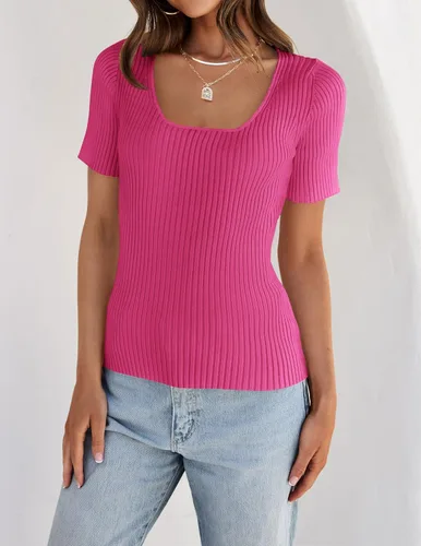 Vista 3 de ZESICA Camisetas de manga corta con cuello cuadrado para mujer, ajustadas, de verano, de punto acanalado, básicas, casuales