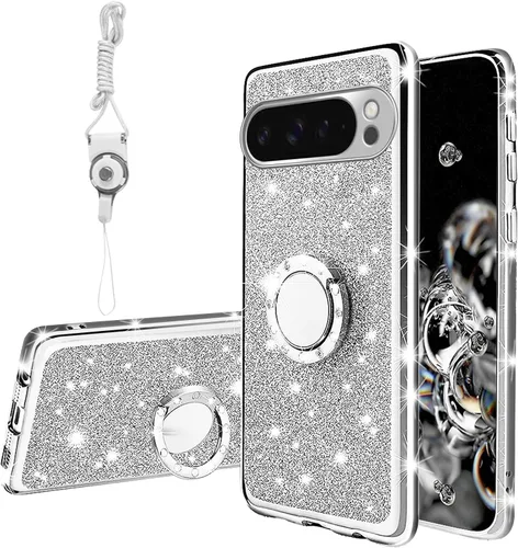 Vista 48 de Funda compatible con Google Pixel 6 Pro para mujer, con purpurina, suave, elegante, transparente, TPU de lujo, bonita funda protectora con correa