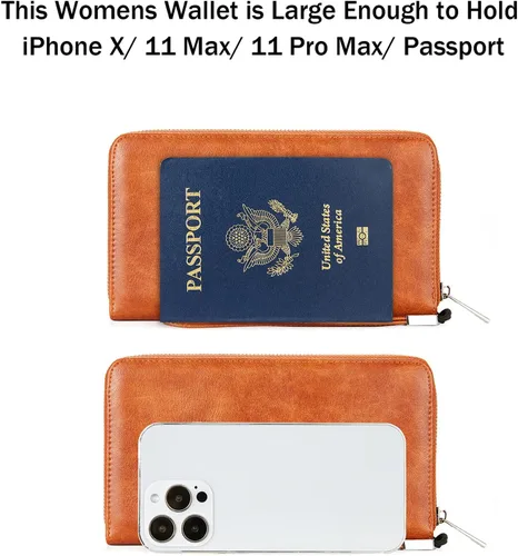 Vista 3 de BROMEN Cartera de cuero grande para mujer, soporte para teléfono con cremallera alrededor del bolso