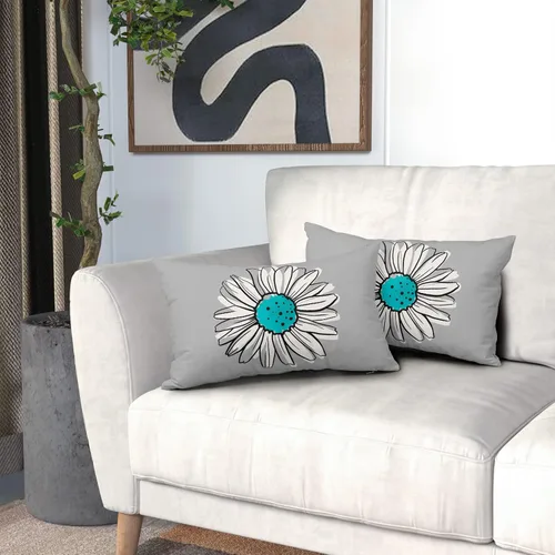 Vista 6 de Juego de 2 fundas de almohada de margaritas turquesa de 12 x 20 pulgadas, fundas de almohada florales de madera floral moderna abstracta de flores