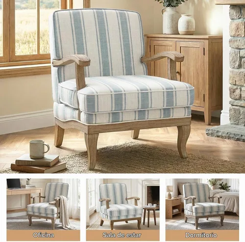 Vista 6 de HULALA HOME Silla decorativa a rayas de granja con patas de madera maciza Azul