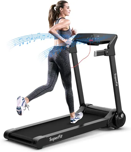 Vista 11 de Goplus 3HP Caminadora eléctrica plegable, caminadora autoestable con control de aplicación, altavoz de dientes azules, pantalla táctil HD, sin
