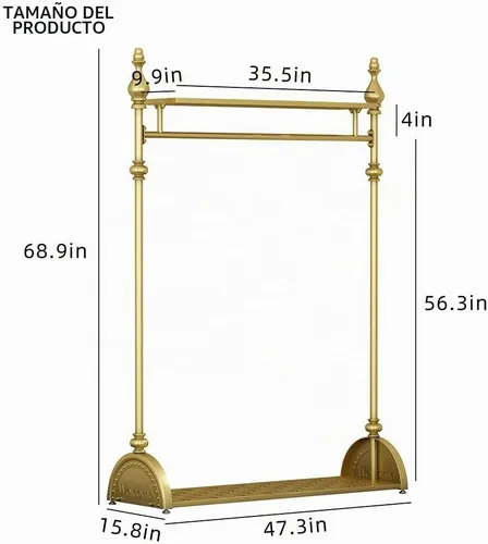 Vista 5 de Perchero de ropa dorado, perchero industrial para colgar ropa con estantes dobles independiente, multifuncional, de servicio pesado, perchero