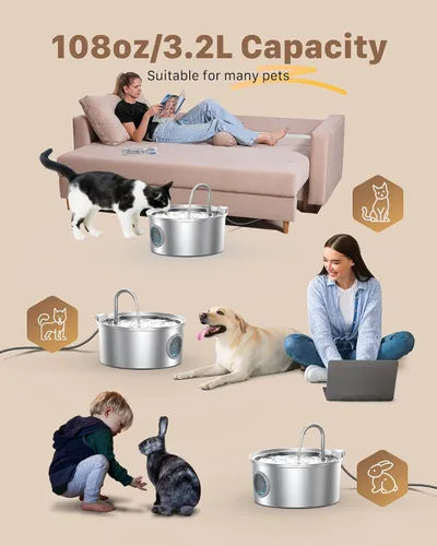 Vista 3 de Fuente de agua para gatos de acero inoxidable: fuente para gatos para beber, fuente de agua para mascotas de 108 oz/3.2 L para gatos en interiores