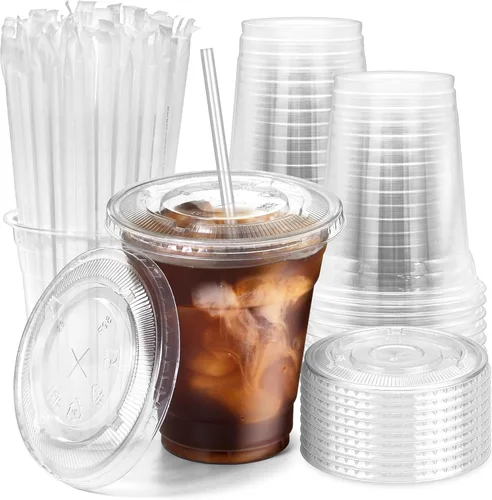 Vista 9 de Fit Meal Prep Paquete de 100 vasos de plástico transparente de 12 onzas con tapas planas, tazas desechables para café helado, sin BPA, taza