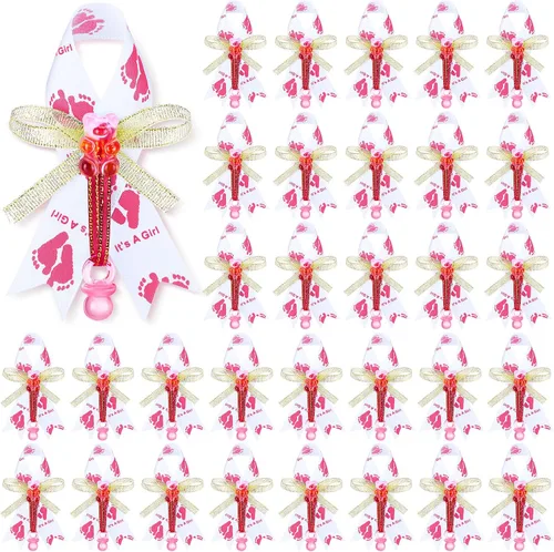 Vista 7 de Jexine 50 piezas de broche con lazo para baby shower, broche de cinta con chupete azul y oso para decoración de fiesta de revelación de género