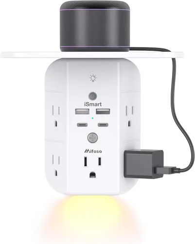 Vista 10 de Extensor de toma de pared con estante y luz nocturna, protector de sobretensiones, cargador de pared USB con 5 salidas de CA y 3 puertos USB A, 1