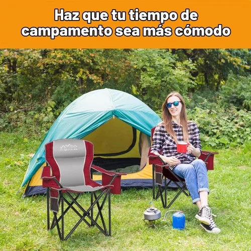 Vista 7 de 2 sillas plegables para camping, portátil, para exteriores, resistentes, acolchadas, silla de césped con soporte para tazas, bolsillo de Rojo-algodón