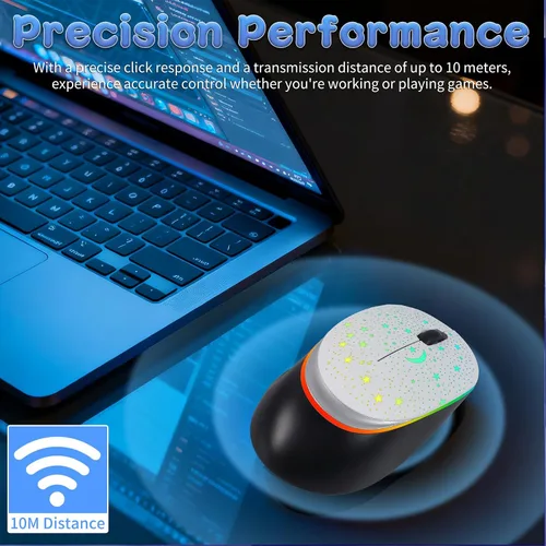 Vista 6 de elec Space Ratón inalámbrico Bluetooth con retroiluminación RGB de cielo estrellado y luz de respiración degradada, mouse ergonómico recargable