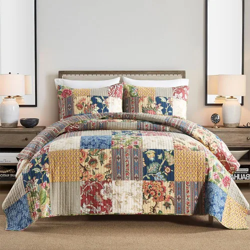 Vista 12 de VISIMISI - Juego de colcha de algodón, juego de cubrecama reversible de retazos, 3 piezas, diseño vintage floral de mosaico azul, tamaño queen