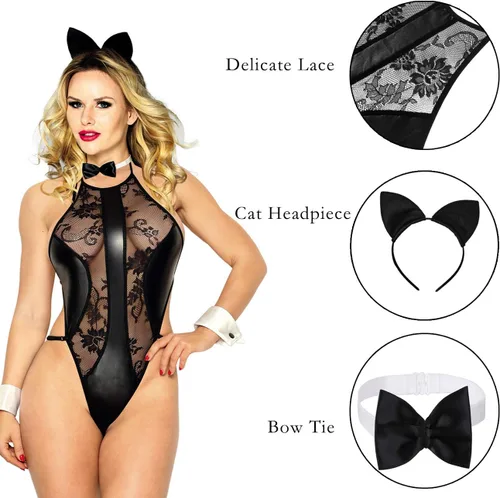 Vista 5 de Disfraz de lencería de gato para mujer, disfraz de gato para cosplay con orejas de gato