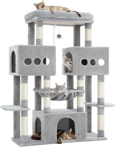 Vista 9 de Hey-brother Torre de árbol para gatos, postes rascadores de sisal grande con plataforma grande, 3 amplios condominios, hamaca de felpa, juguete