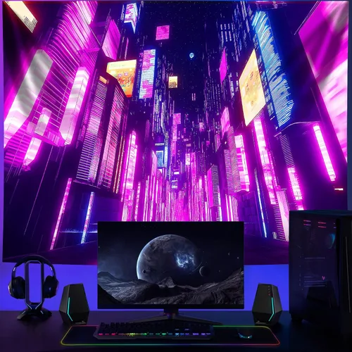 Vista 5 de NYZE Tapiz de luz negra de ciudad, tapiz de anime japonés, juego punk, fantasía, vista nocturna, paisaje urbano, arte futurista, neón, tapices