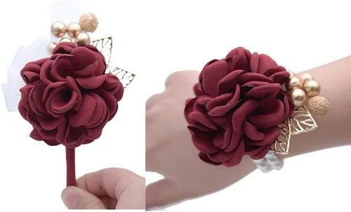 Vista 4 de Boutonniere de satén para hombre, diseño de flores de novia para boda, fiesta de graduación, 2 unidades, color burdeos