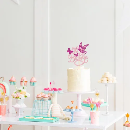 Vista 7 de 1 pieza de decoración de pastel de mariposa Oh Baby con purpurina para baby shower, mariposa para revelación de género, baby shower, fiesta