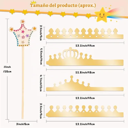 Vista 3 de El kit de varitas de hadas de princesa Pllieay incluye 18 piezas de 6 estilos de varita de princesa de madera sin terminar, coronas de papel dorado