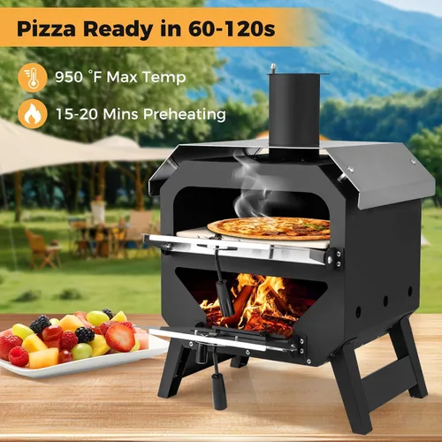 Vista 4 de Happygrill Horno de Pizza para Exteriores, Estufa de Pizza Portátil de 12" de leña con Piedra para Pizza, Pala para Pizza y Funda de Tela Oxford