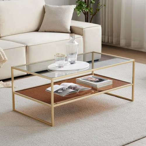 Vista 17 de Shrine - Mesa de café rectangular, diseño moderno de mediados de siglo, estructura de 2 niveles, parte superior de vidrio ámbar y estante de MDF
