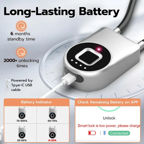 Vista 6 de eLinkSmart - Cerradura de cable de huellas dactilares, cerraduras para nevera con control de aplicación Bluetooth, candado inteligente biométrico