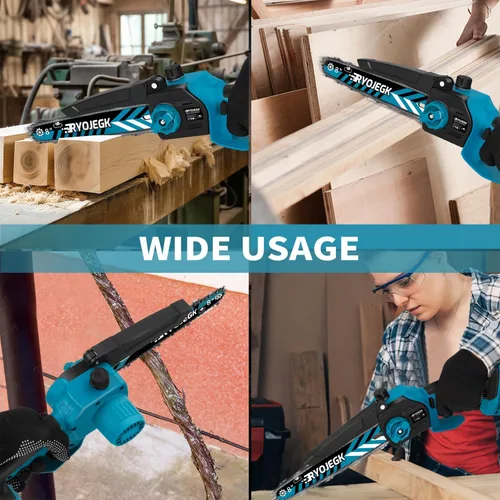 Vista 7 de RYOJEGK Mini motosierra sin escobillas de 8 y 6 pulgadas, 2 x 4.0 Ah de instalación sin herramientas, pequeña motosierra inalámbrica con 4 guía