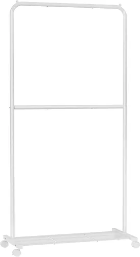 Vista 11 de SONGMICS Perchero de doble barra con ruedas, perchero para colgar ropa, perchero resistente con estante de almacenamiento de malla, 2 frenos, cada