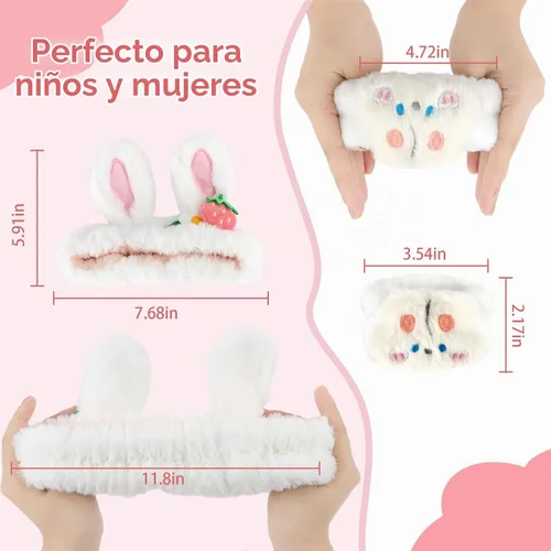 Vista 3 de CAVETEE Juego de 3 piezas de diadema linda - Diadema elástica cosmética de spa, pulsera para mujeres, cuidado facial y ducha Oreja de conejo blanco