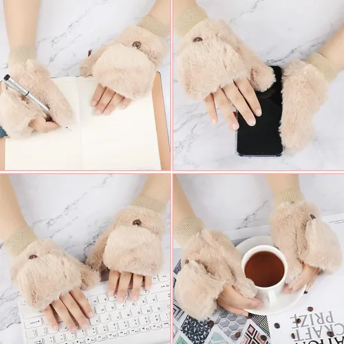 Vista 3 de 3 pares de guantes de piel sintética tirón para mujer cálida convertible sin dedos guantes mullidos Flip Cover guantes de invierno suave y difuso
