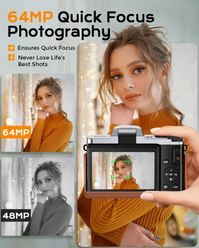 Vista 2 de Cámara digital 4K para enfoque automático de fotografía, cámara de vlogging WiFi de 64MP para YouTube con pantalla abatible de 180° de 3 pulgadas