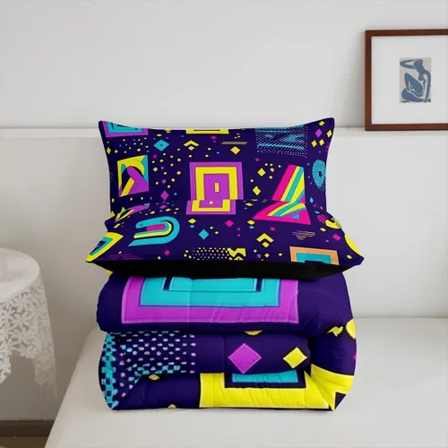 Vista 5 de Juego de edredón de estilo retro de los años 80, juego de ropa de cama de patrón geométrico abstracto, diseño urbano moderno con círculos