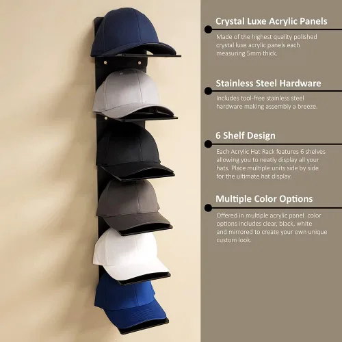 Vista 6 de OnDisplay Expositor de acrílico de lujo para gorras, organizador de gorra de béisbol montado en la pared, exhibición de pared con varios estantes