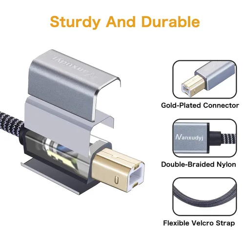 Vista 5 de Cable de impresora de 30 cm, USB 2.0 tipo A macho a B macho, cables trenzados, cable de escáner de alta velocidad, cable de impresora USB compatible