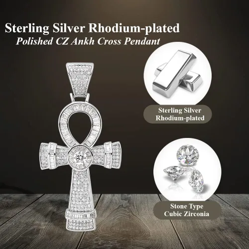 Vista 5 de Auriga Fine Jewelry Colgante de cruz Ankh de plata esterlina 925 con circonita cúbica rodiada para mujer (L-2.131 in, W-1.039 in), Metal, Circonita