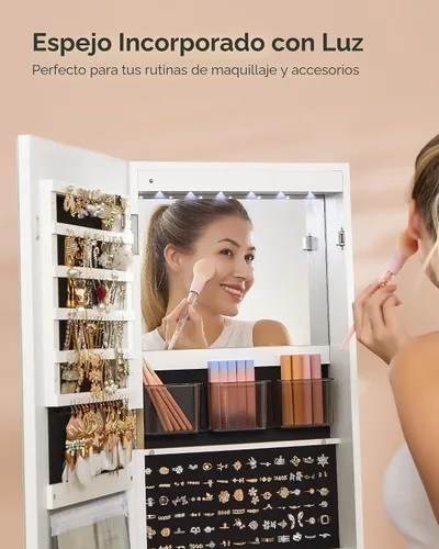Vista 7 de SONGMICS Gabinete de joyería con espejo LED, luces ajustables, bloqueable Blanco nube