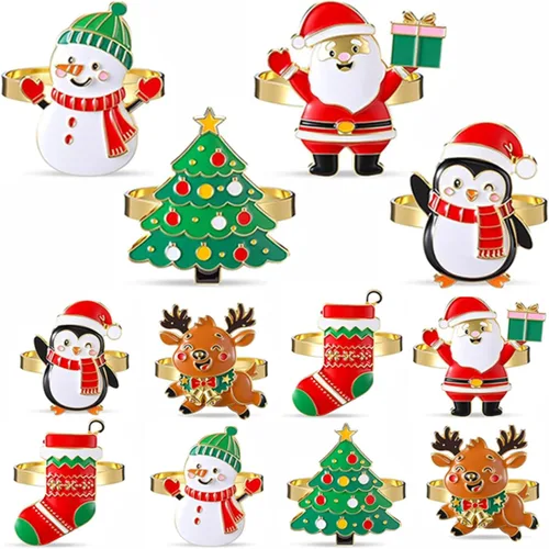 Vista 11 de WILLBOND 12 servilleteros de Navidad para cenas de Navidad, fiestas, accesorios de decoración de mesa de adorno de boda, (estilo adorable)