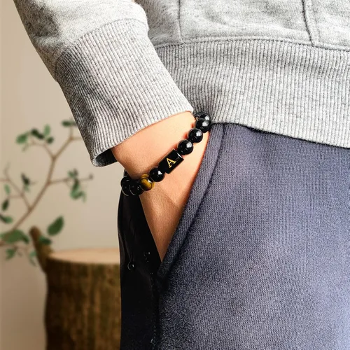 Vista 4 de SUMMER LOVE Regalos para el Día del Padre, pulsera con inicial de piedra de ónix negro de 0.394 pulgadas para hombres, pulsera de cuerda trenzada