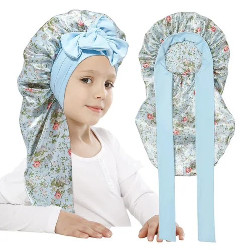 Vista 19 de AWAYTR Gorro de satén para niñas con trenzas de pelo largo para dormir Negro