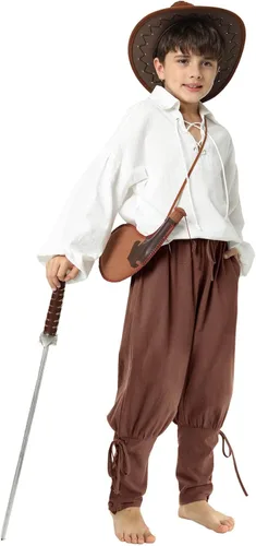 Vista 2 de Pantalones de tobillo medievales para niños y niños, disfraz de pirata vikinga, con cordones y bandas cónicas, pantalones góticos
