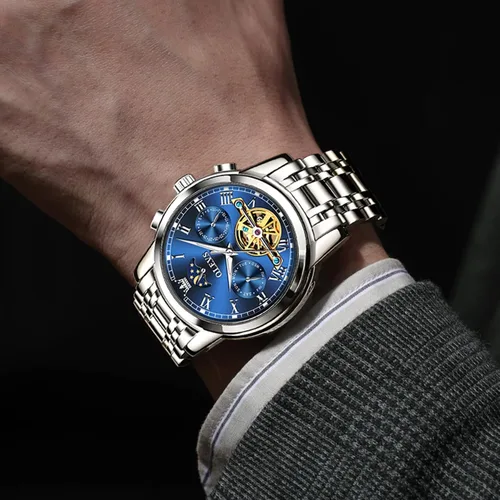 Vista 3 de OLEVS Relojes mecánicos automáticos para hombre, cuerda automática, impermeable, de acero inoxidable, reloj de pulsera de lujo costoso, pulsera