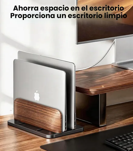 Vista 2 de LOXP Soporte vertical para laptop, [doble ranura de madera + soporte de aluminio para portátil], soporte ajustable para MacBook de escritorio, base