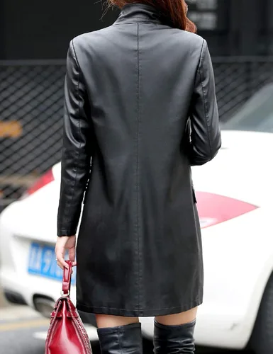 Vista 4 de Tanming Womens PU Faux Leather Jacket Casual Lapel Long Suit Trench Coat Outerwear