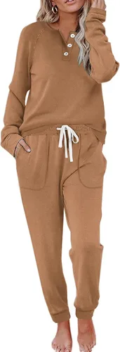 Vista 73 de Wiholl - Conjuntos de dos piezas para mujer: ropa cómoda con sudadera abotonada y pantalones deportivos con bolsillos