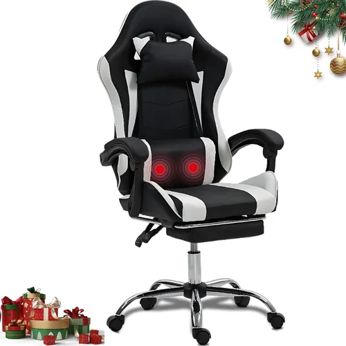 Vista 7 de Silla ergonómica para juegos con madera de masaje, silla de videojuegos gris con reposapiés para adultos y niños, reposacabezas ajustable y soporte