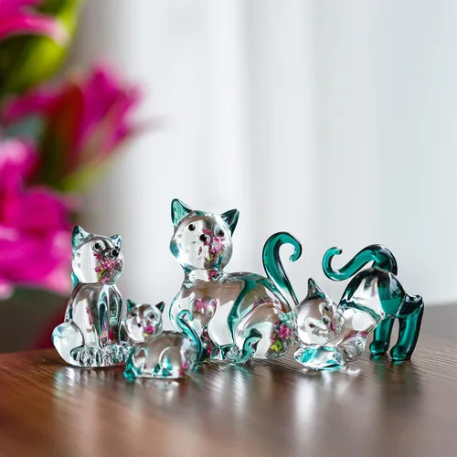 Vista 5 de HDCRYSTALGIFTS Figuras de Gatos de Cristal Soplado de 2 pulgadas Coleccionables Paquete de 4 Estatua de Animal Gatito de Cristal Verde Esmeralda